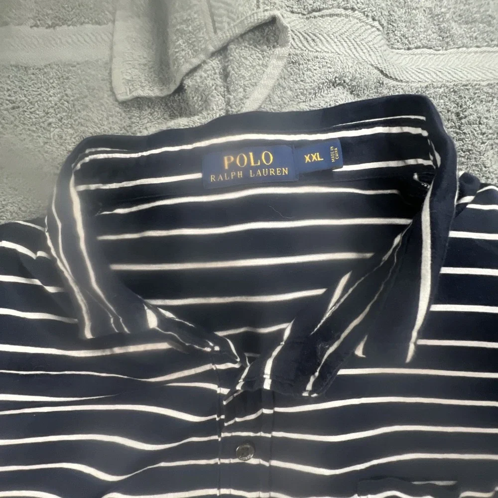POLO Ralph Lauren Men's Classic Fit Interlock Navy Blue‎ White Stripe Shirt XXL
